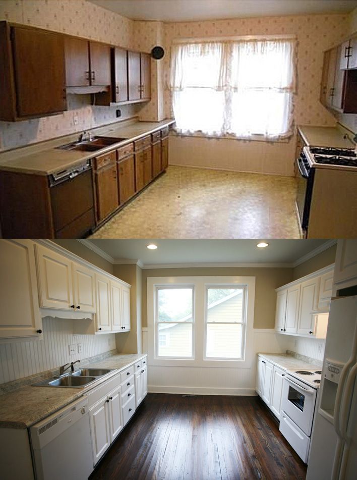 before and after pictures of a kitchen with white cabinets, wood floors, and an open window