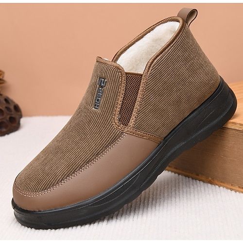 Category:Boots; Upper Materials:PU Leather,Corduroy; Gender:Men's; Toe Shape:Round Toe; Outsole Materials:Rubber; Details:Fleece lined; Closure Type:Loafer; Function:Comfortable,Slip Resistant; Listing Date:10/01/2024; 2024 Trends:Winter Boots Casual Boots With Plush Lining And Round Toe, Casual Brown Boots With Plush Lining, Casual Fall Boots With Plush Lining, Casual Slip-ons With Removable Insole In Calf Leather, Comfortable Boots With Plush Lining And Round Toe, Casual Warm Boots With Round Toe, Winter Slip-on Boots With Rubber Sole, Comfortable Slip-on Winter Boots, Winter Leather Footbed Slip-on Mules