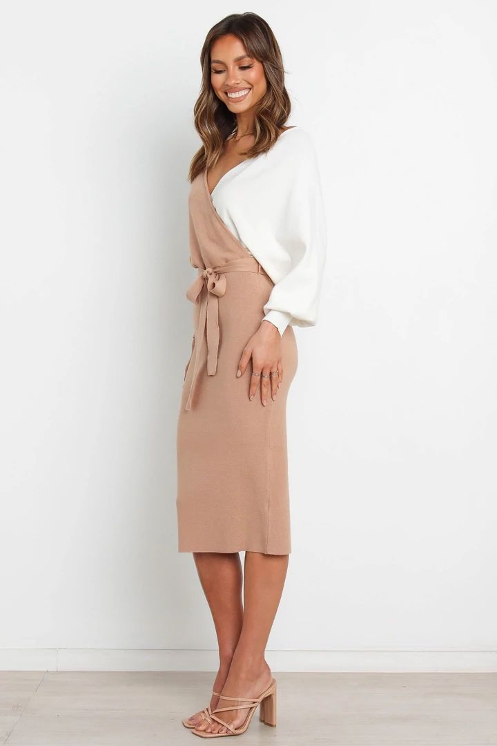 Elegant V-neck Sweater Dress For Brunch, Elegant Beige Midi Sweater Dress, Feminine Long Sleeve Bodycon Dress For Brunch, Chic Beige Midi Length Sweater Dress, Elegant Cream V-neck Sweater Dress, Elegant Cream Midi Sweater Dress, Chic Midi Length Sweater Dress For Work, Fall Midi Dress For Brunch, Knee-length, Beige Fall Midi Dress For Date Night