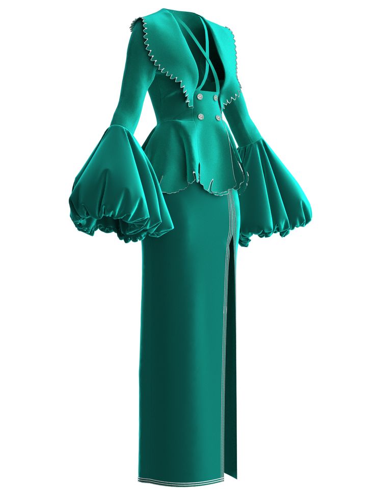 The emerald velvet, decorated with Bejeweled Buttons and metallic yarn contouring has given opulent feel and digital aura to this silhouette. THIS IS A DIGITAL ITEM, IT ONLY EXISTS DIGITALLY AND WILL BE APPLIED TO YOUR PHOTO(s). Color: emerald. Material: digital velvet. Digital clothes fit all sizes. About the brand: PRIMOKNOT collection for DRESSX is an expressive and optimistic direction that treads the line between digital influences and physical realities. It is hyper real interpretation of Green Fitted Elegant Sets, Elegant Embellished Evening Sets, Elegant Fitted Embellished Set, Green Fitted Party Sets, Elegant Festive Set For Gala, Elegant Holiday Party Sets, Elegant Green Velvet Set, Elegant Embellished Sets For Gala, Luxury Fitted Evening Sets