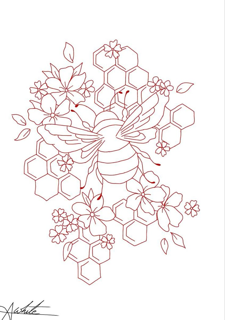 a drawing of a bunch of flowers with a bee on it's back and honeycombs in the background