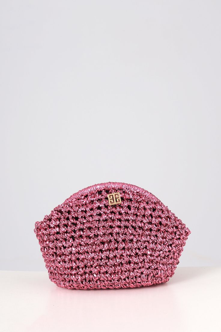 Gold Woven Metallic Raffia Pouch Clutch Bag Color: Fuchsia pink Pink Pouch For Summer Travel, Pink Summer Travel Pouch, Travel Pink Pouch Clutch, Pink Travel Pouch For Summer, Pink Woven Pouch Bag, Pink Clutch Pouch With Dust Bag, Chic Pink Woven Bag, Pink Summer Pouch, Pink Pouch Cosmetic Bag For Summer