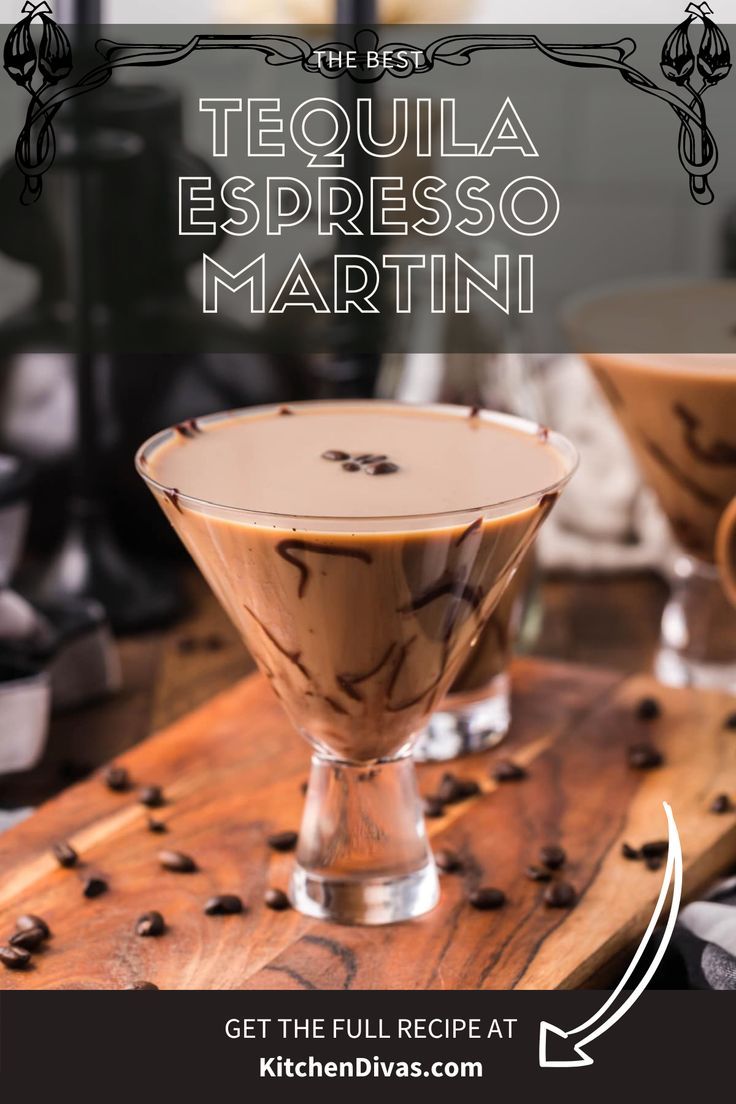 a tequila espresso martini on a wood cutting board with some coffee beans on it. Martini Recipes Classic, Tequila Martini, Coffee Tequila, Chocolate Tequila, Kahlua Drinks, Tequila Drinks Recipes, Chocolate Martini Recipe, Baileys Drinks, Baileys Cocktails