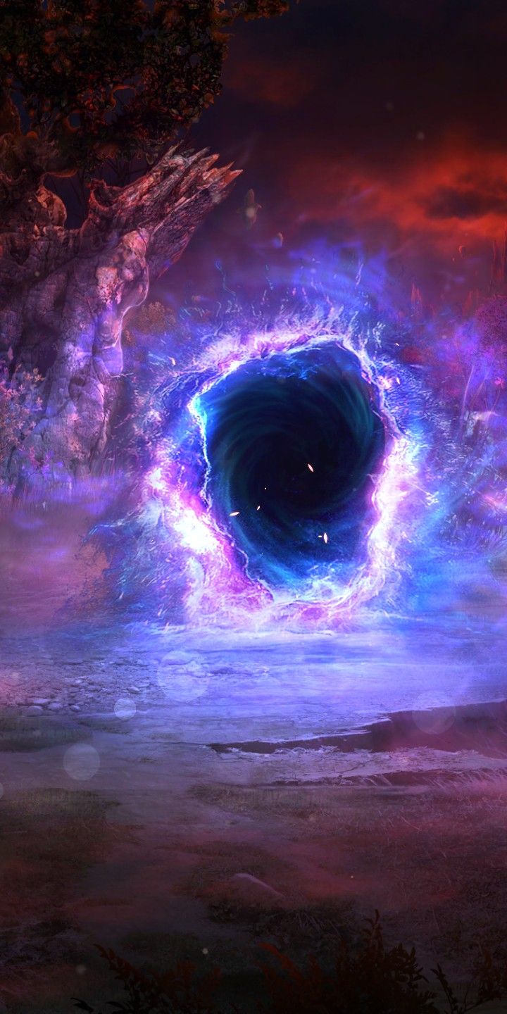 an image of a black hole in the sky with purple and blue lights around it