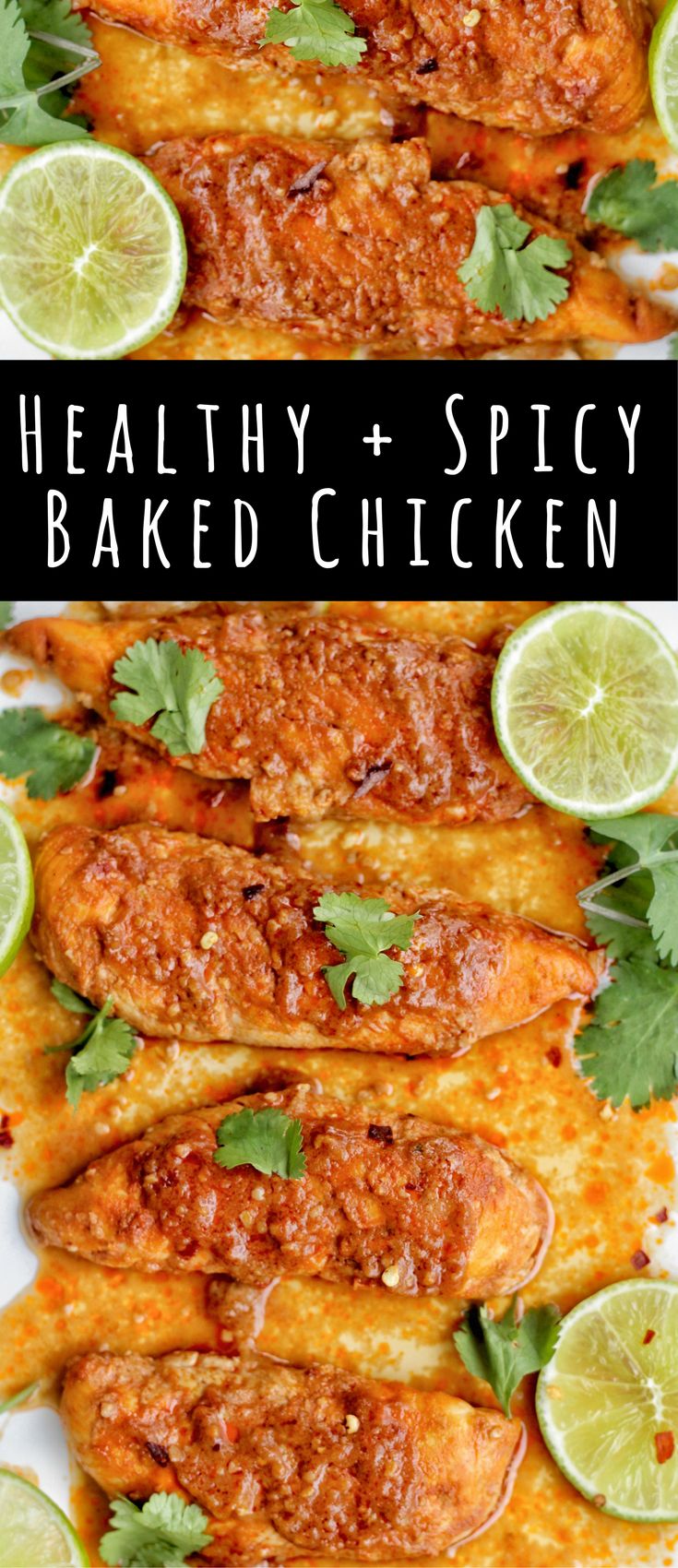 healthy and spicy baked chicken with cilantro garnishes on the side