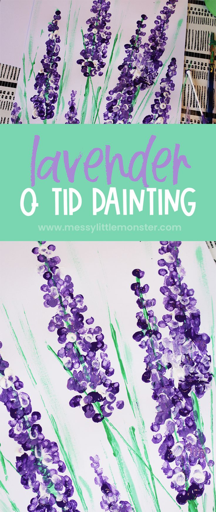 purple flowers painted on white paper with the words lavender o'tid painting over it