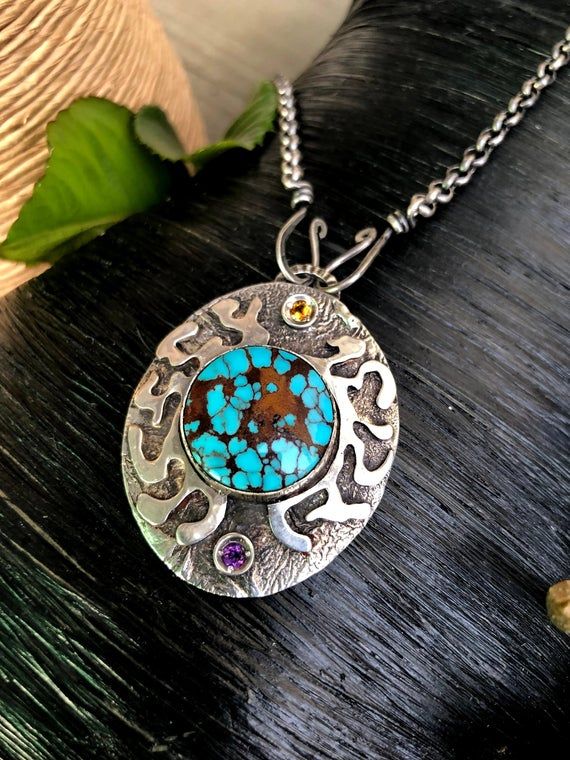 Prince Turquoise Necklace - Unique Handcrafted Turquoise Pendant - Artisan Metalwork - Oxidized Silv Traditional Oval Handmade Necklaces, Traditional Oval Handmade Necklace, Traditional Handmade Oval Necklace, Artisan Blue Turquoise Multi-stone Necklace, Artisan Blue Multi-stone Turquoise Necklace, Artisan Multi-stone Turquoise Necklace, Artisan Multi-stone Oval Necklace, Elegant Handmade Turquoise Chrysocolla Necklace, Bohemian Sterling Silver Jewelry With Artistic Design