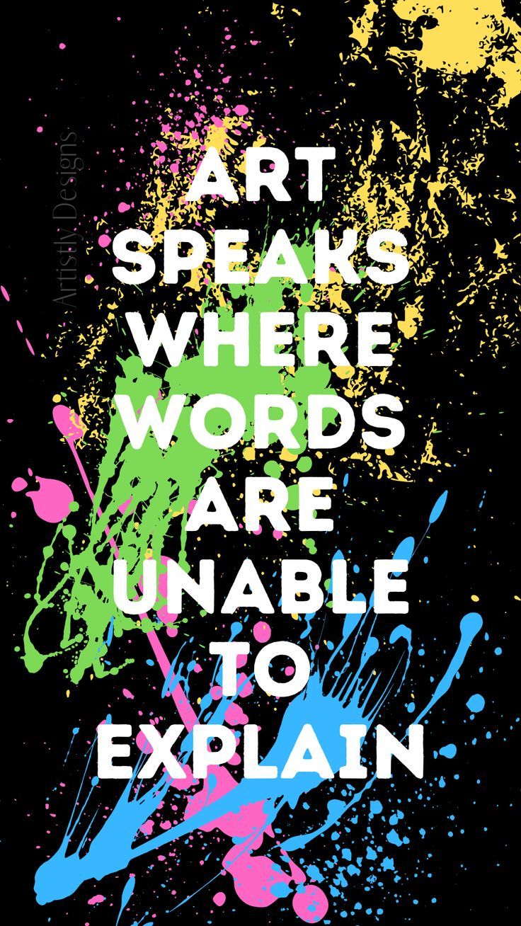 the words art speaks where words are unable to explain on black background with multicolored splats