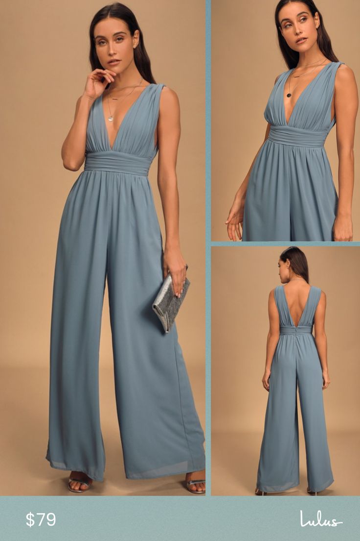 Bring ethereal inspiration to every occasion with the Lulus Divine Muse Slate Blue Wide-Leg Jumpsuit! Lightweight, woven chiffon shapes this captivating jumpsuit with a sleeveless bodice, wide tank straps, and a plunging V-neckline and back. A pleated, empire waist tops the flowy, wide-leg pants for a flattering finish. Hidden back zipper/clasp. Fit: This garment fits true to size. Length: Floor length. Size medium measures 60" from shoulder to hem. Inseam: 32.50 Front Rise: 14.50 Bust: Great fo Sleeveless Jumpsuits And Rompers For Wedding Guests In Summer, Sleeveless Jumpsuits And Rompers For Summer Wedding, Chic Sleeveless Jumpsuit For Wedding Guest, Sleeveless Jumpsuits And Rompers For Wedding Guest, Summer Chiffon V-neck Jumpsuits And Rompers, Summer Formal Chiffon Jumpsuits And Rompers, Fitted Sleeveless Chiffon Jumpsuits And Rompers, Sleeveless Chiffon Jumpsuit For Party, Sleeveless Chiffon Party Jumpsuit Or Romper