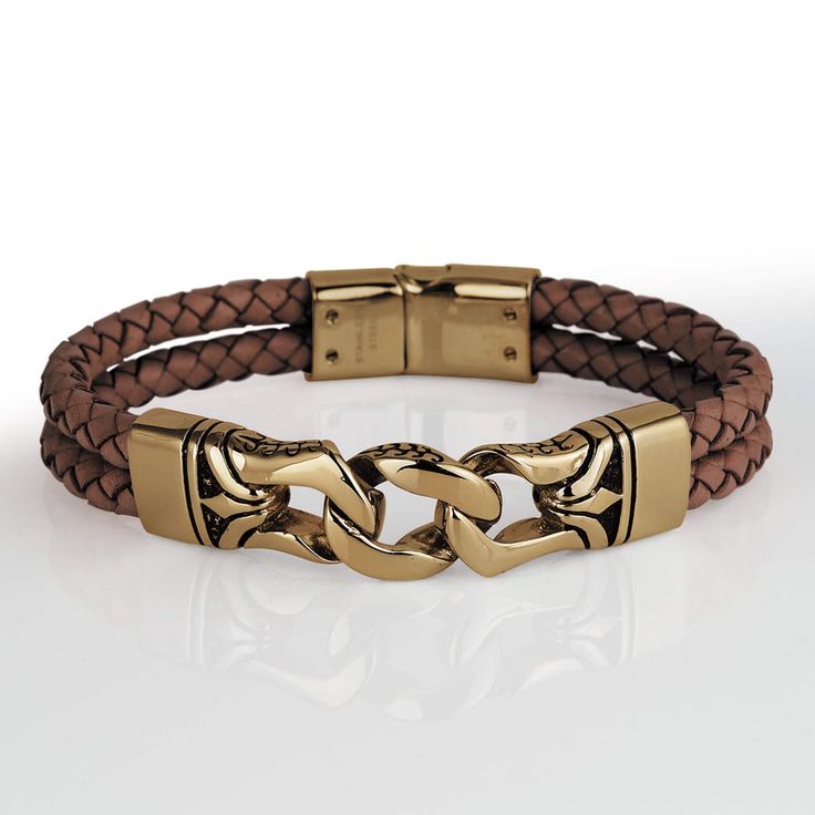 This stylish men's bracelet features a braided genuine brown leather strap with premium grade 316L solid stainless steel, fused with an 18k yellow gold finish. Fits up to an 8" wrist, magnificent presentation case included. Timepieces International Mens Bracelet Black, Brown Bracelet, Men's Bracelet, Black Bracelets, Brown Leather Strap, Latest Jewellery, Signature Design, Stylish Men, Bracelets For Men