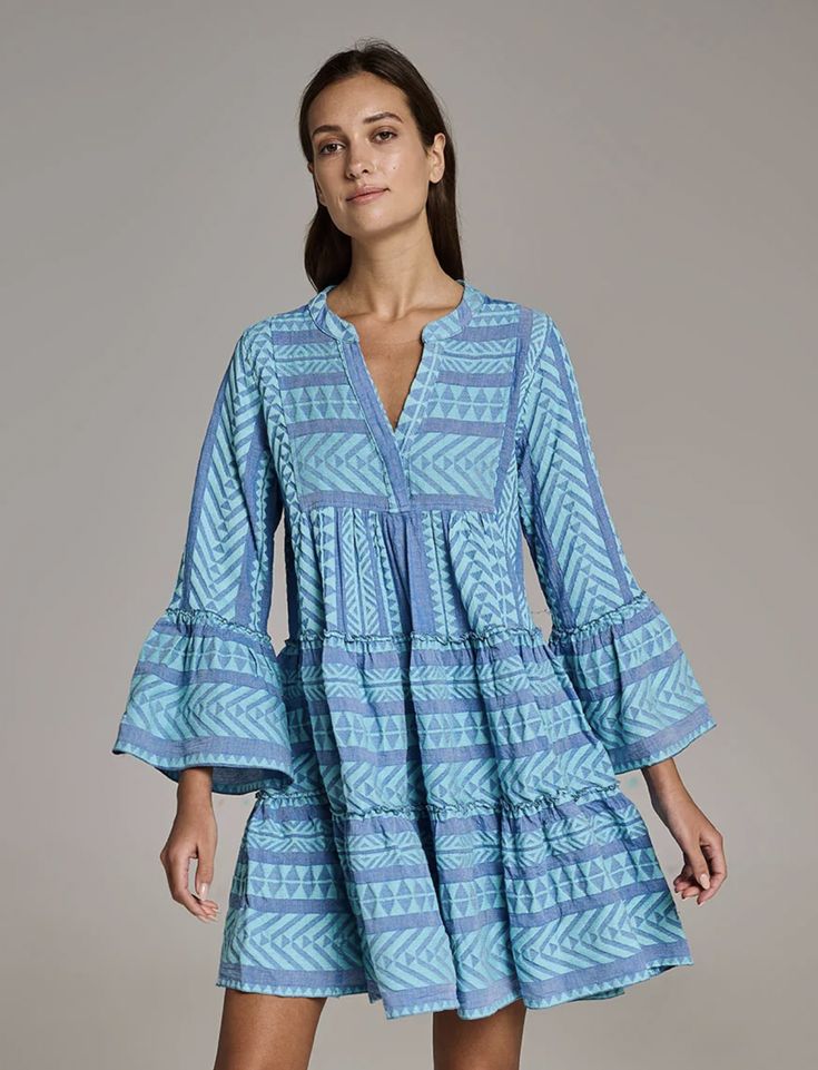 Cotton Tunic Dress With Woven Motifs, Folk Dresses With Woven Motifs And Long Sleeves, Folk Style Tunic Dress With Woven Motifs, Blue Bohemian Dress With Geometric Embroidery, Bohemian Blue Dresses With Geometric Embroidery, Bohemian Long Sleeve Embroidered Dress With Woven Motifs, Traditional Blue Dress With Geometric Embroidery, Folk Style Tunic Dress With Intricate Embroidery, Traditional Blue Dress With Embroidered Sleeves