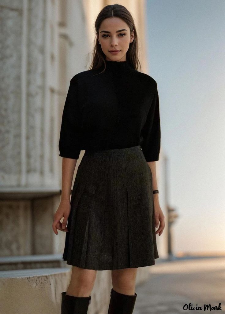 Olivia Mark - Wool Plaid Pleated Casual Midi Skirt Elegant Pleated Winter Skort, Elegant Pleated Skort For Winter, Fitted Skirt With Pleated Hem For Fall, Fall Pleated Hem Relaxed Mini Skirt, Fall Fitted Skirt With Pleated Hem, Classic Fall Skort For Workwear, Classic Fall Workwear Skort, Classic Skort For Fall, Fall Pleated Mini Skirt For Office