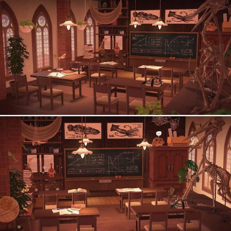 two pictures of a classroom with desks, chairs and chalkboards on the wall