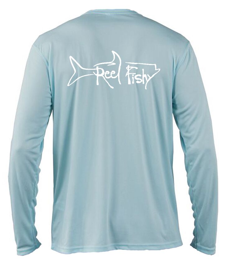 the back of a blue shirt with white lettering on it that says reel fish and an image of a shark