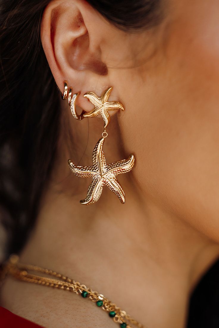 double tiered starfish earring 100% WATERPROOF Double Piercing, Starfish Earrings, Ocean Theme, Pretty Earrings, Jewelry Inspo, Gift Card Sale, Charm Gift, Steel Jewelry, Stainless Steel Jewelry