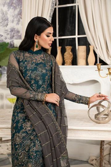 Exquisite Zinc Shade Embroidered Pakistani Party Wear Kameez Gharara Festive Unstitched Sharara With Intricate Embroidery, Transitional Party Sharara With Dabka Detailing, Transitional Party Sharara With Dabka, Eid Anarkali Salwar Kameez With Intricate Embroidery, Anarkali Style Organza Sharara For Eid, Organza Anarkali Sharara For Eid, Festive Semi-stitched Sharara With Intricate Embroidery, Long Sleeve Lehenga With Intricate Embroidery For Eid, Eid Sharara With Dabka In Chinon