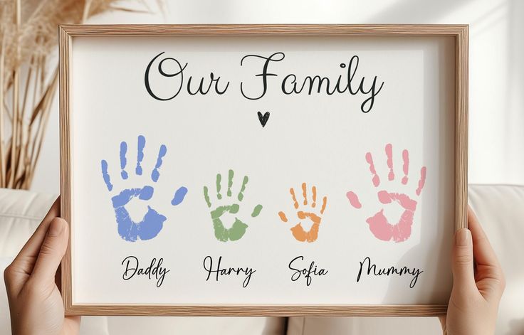 two hands holding up a sign that says our family and daddy, happy safe mommy