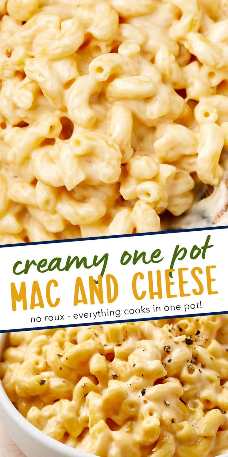 macaroni and cheese in a white bowl with a blue sign that says creamy one pot mac and cheese