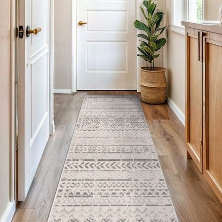 a door way with a potted plant on the floor and a rug in front of it