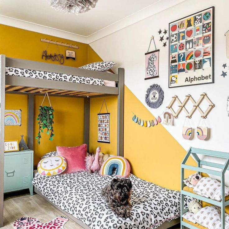 a child's bedroom with yellow walls and leopard print bedding