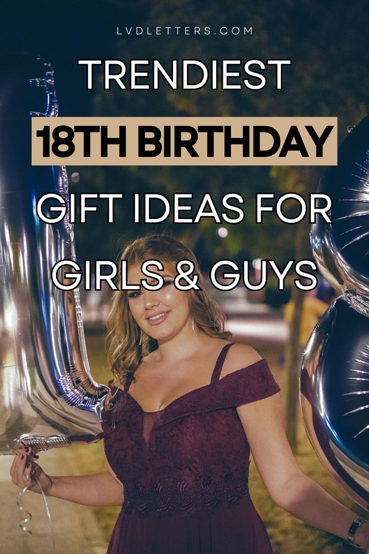 a woman in a dress standing next to balloons with the words trendist 18th birthday gift ideas for girls and guys