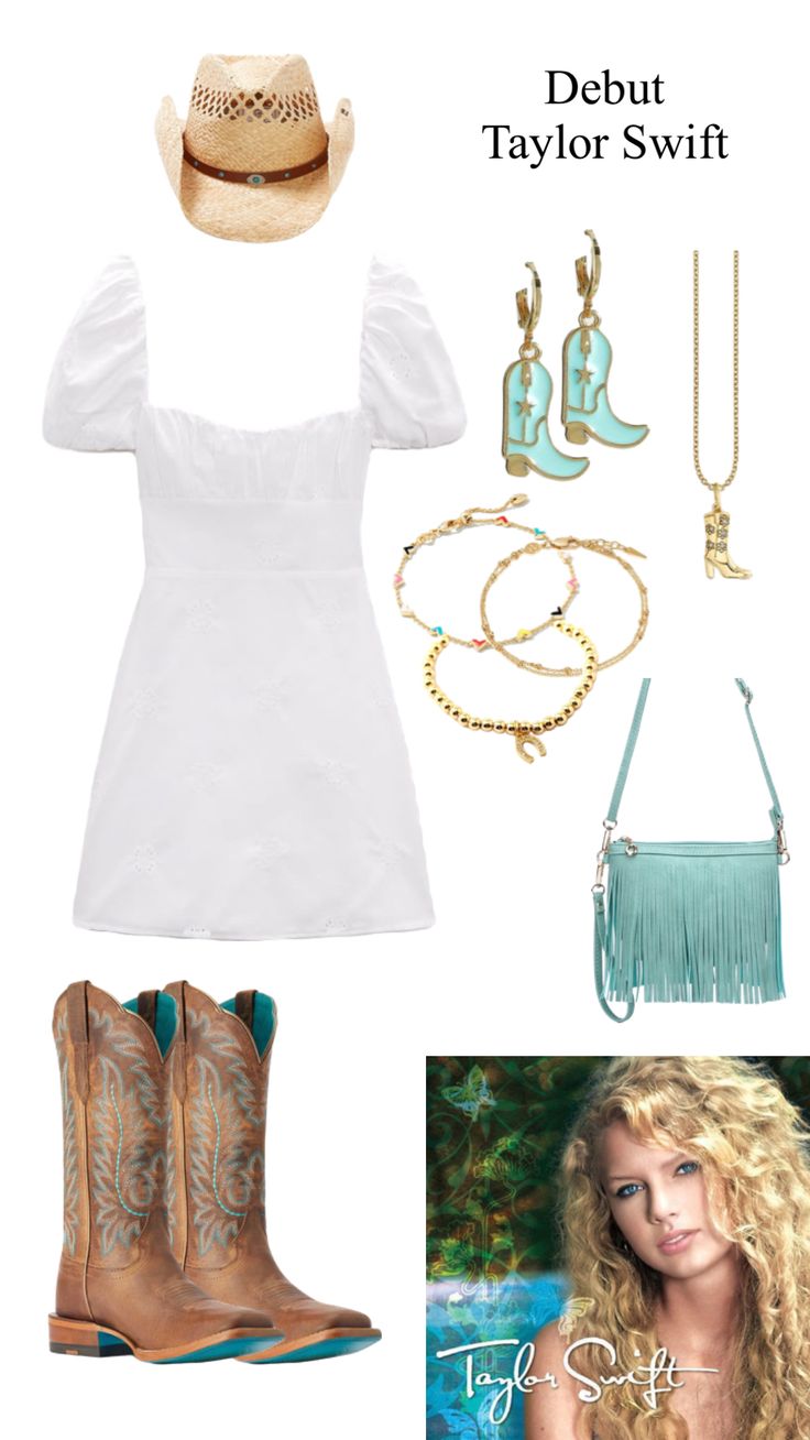 a woman in white dress and cowboy boots is wearing a hat, necklaces, and accessories