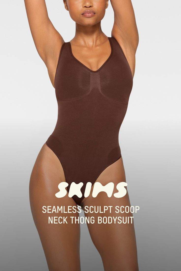 This scoop neck sculpting thong bodysuit enhances your natural shape while defining and smoothing your waist, core, tummy, and back. Features thick non-adjustable straps, center front and side stitching to define and support your bust, and a cotton gusset with snap closure. Fits true to size. | SKIMS Scoop Neck Thong Bodysuit | Deep Neutral | 2XS | Seamless Sculpt Scoop Neck Shapewear With Built-in Bra, Seamless Shapewear Leotard, Shapewear Swimwear With Seamless Construction, Shaping Seamless Leotard Shapewear, Shaping Seamless Leotard, Sculpting Solid Shapewear With Lined Body, Solid Color Sculpting Shapewear With Lined Body, Shaping Shapewear Leotard, Solid Shaping Leotard