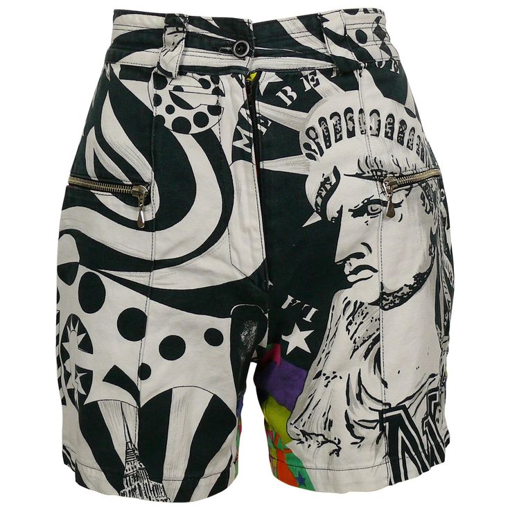 VERSACE JEANS COUTURE vintage Manhattan New York City graffiti prints shorts. These shorts feature : - Black, white and grey prints on front. - Colourful prints on back. - Button and zipper closure at the front. - Belt loops, 2 front zippered pockets. - No lining. Label reads VERSACE JEANS COUTURE. Made in Italy. Size tag reads : 28/42. Please refer to measurements. Composition tags read : 100% Cotton. Indicative measurements taken laid flat (double waist and hips) : waist approx. 30 cm (11.81 i White Graphic Print Shorts, White Printed Cotton Shorts, White Graphic Print Short Bottoms, New York City Graffiti, City Graffiti, Native American Print, Colourful Prints, Versace Couture, Versace Brand