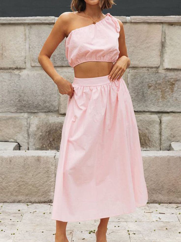 Material:70-80% Polyester.Features:Sleeveless. tie strap. one shoulder. solid color. crop top. elastic waist. side split. midi skirts.Style: Casual Summer Feminine Maxi Skirt, Feminine Solid Color Maxi Skirt For Summer, Fitted Solid Color Maxi Skirt For Summer, Fitted Maxi Skirt In Solid Color For Summer, Summer Solid Color Midi Skirt, Solid Color Midi Skirt For Summer, Chic Solid Color Spring Crop Top, Casual One-shoulder Crop Top For Summer, Chic Solid Color Crop Top For Spring