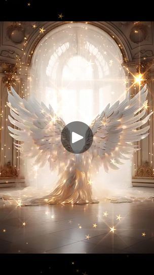 an angel statue in front of a large window with stars on the floor and light coming from it