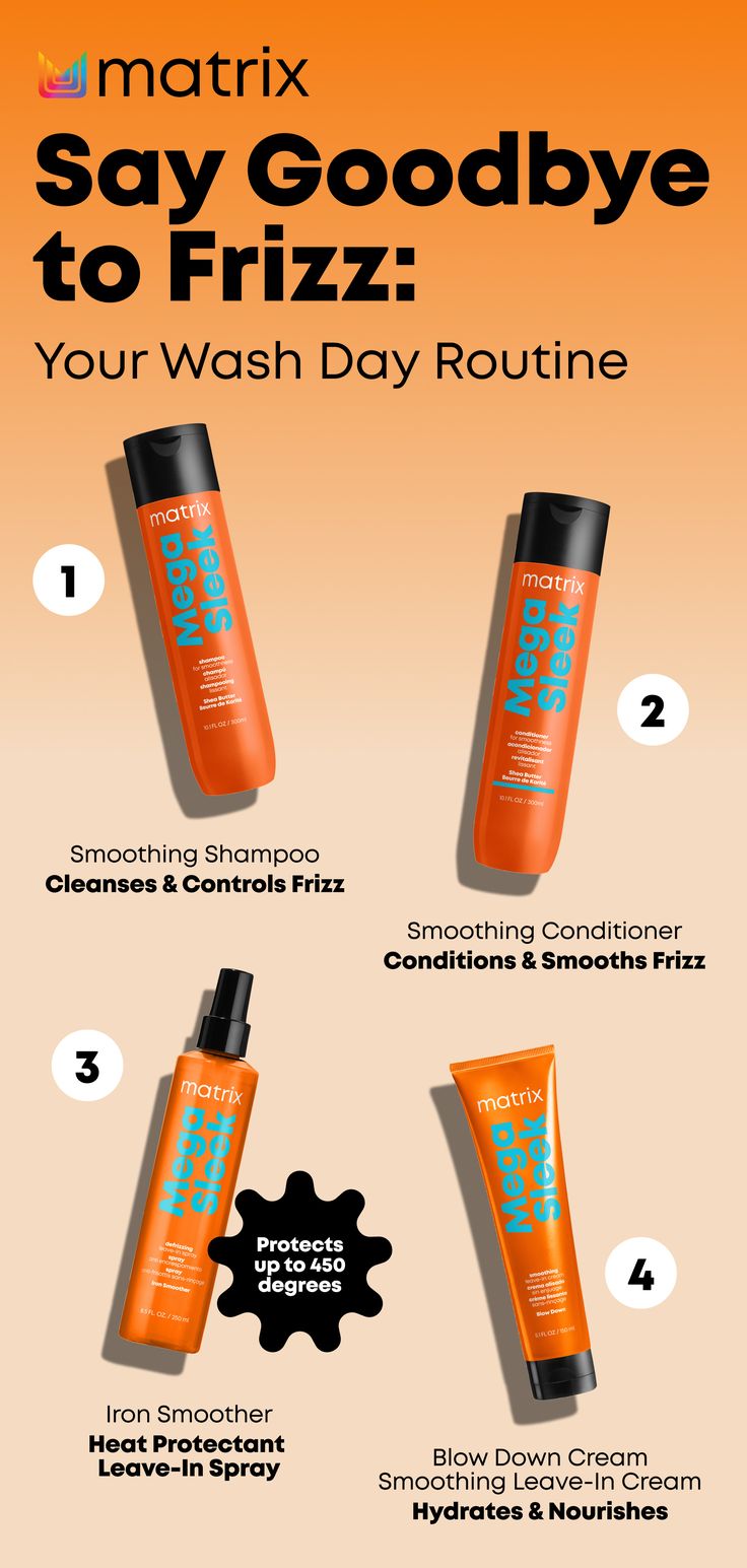 Say goodbye to frizzy hair with the Mega Sleek anti-frizz and humidity protection line infused with shea butter. 🧡 #Matrix #MegaSleek #SheaButter #HairCare #MatrixHairCare #FrizzyHair #AntiFrizz Best Shampoo And Conditioner For Wavy Curly Hair, Best Drugstore Shampoo And Conditioner For Curly Hair, Maui Shampoo And Conditioner For All Hair Types, Matrix Hair Products, Matrix Shampoo, Anti Frizz Shampoo, Matrix Purple Shampoo, Matrix Hair, Heat Protectant