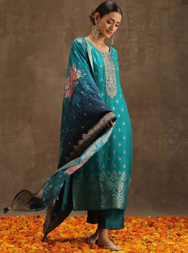 * Teal Green Ethnic Motifs Woven Design Pure Silk Kurta With Trousers & Dupatta Pakistani Salwar Kameez / Indian Wedding Dress / Plus Size Cotton Dress Traditional Indian Wear / Salwar Kameez Dupatta / Kurti Palazzo Set / Hand Embroidery kurta * Green self design Kurta with Trousers with dupatta * Kurta design:- * Floral self design * Straight shape * Regular style * Round neck, three-quarter regular sleeves * 2 pockets zari detail * Calf length with straight hem * Pure silk fabric * Trousers de Party Wear One Piece, Western Dress Long, Runway 2024, Dress Designs For Stitching, Embroidery Kurta, Kurta Sets For Women, Kurti Palazzo Set, Design Kurta, Kurti Palazzo