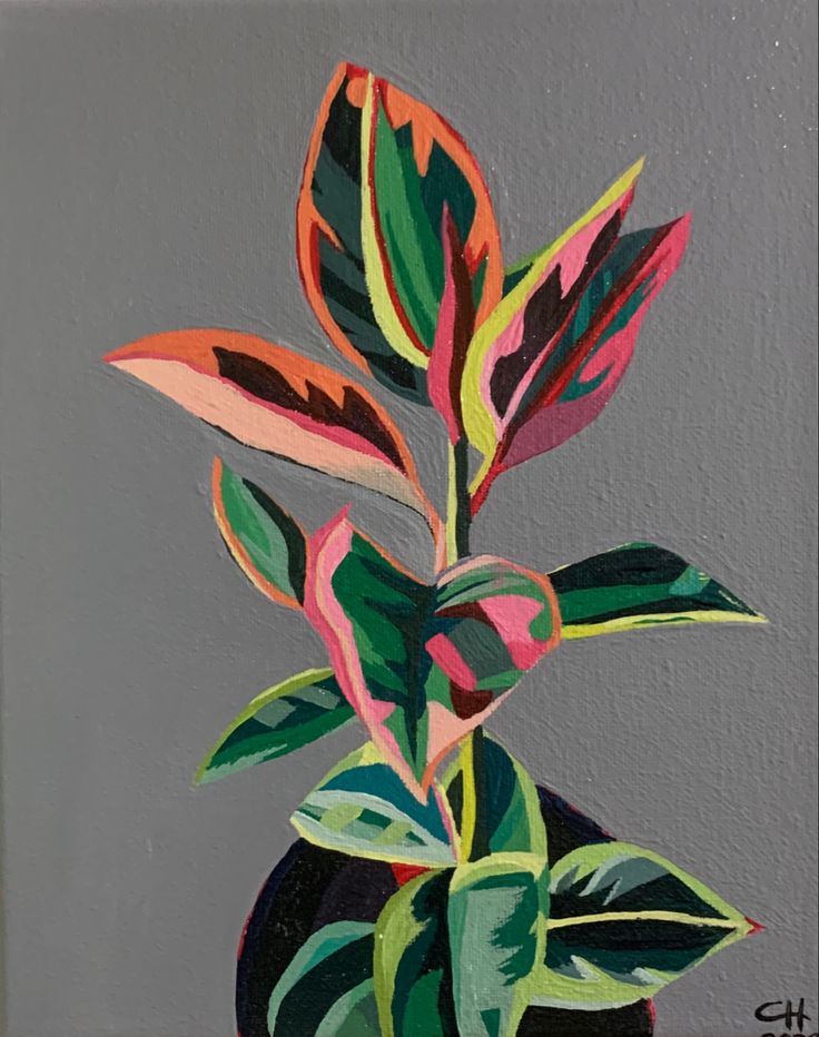 a painting of a potted plant with green and red leaves