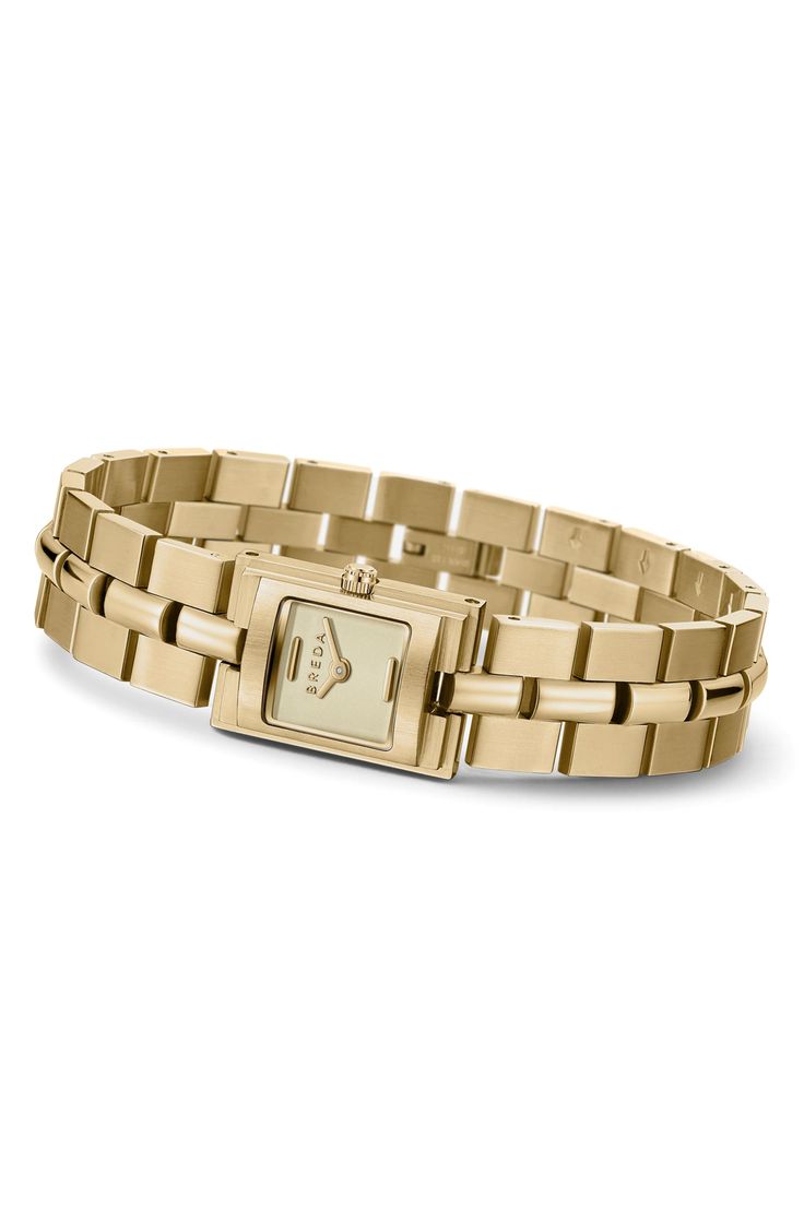 Modern styling makes this polished square watch a distinguished accessory for any occasion. 16mm case; 14mm band width Self-adjustable bracelet with removable links Jewelry clasp closure Quartz movement Stainless steel with 18k-gold plate Imported Timeless Gold Rectangular Watch Bands, Elegant Adjustable Watch Bands With Polished Finish, Modern Yellow Gold Rectangular Watch Bands, Elegant Yellow Gold Stainless Steel Watch Accessories, Classic Jewelry With Jubilee Bracelet And Rectangular Dial, Formal Yellow Gold Stainless Steel Watch Accessories, Gold Rectangular Watch With Box Clasp, Elegant Rectangular Watch Bands With Polished Finish, Gold Watches With Rectangular Links For Formal Occasions