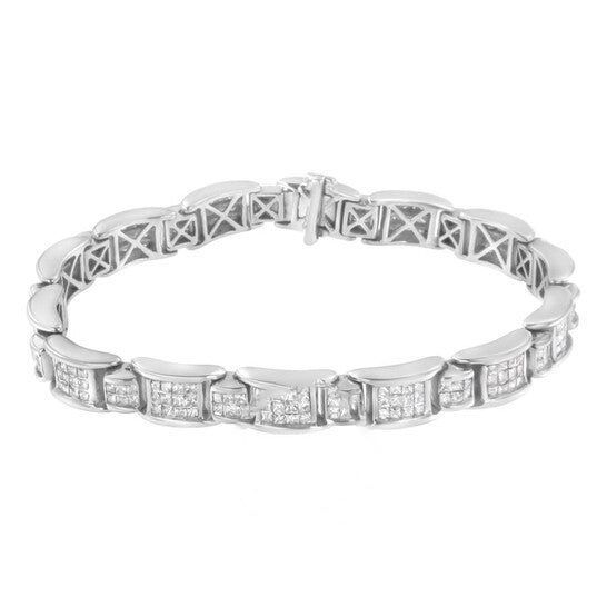 This geometric pattern link bracelet is a timeless piece. Small white gold bands inlaid with six princess cut diamonds link with larger bands inlaid with an additional twelve princess cut diamonds. 5 carat TDW in diamonds shine in this design. A box with clasp mechanism keeps the 14k white gold bracelet design secure.specs:General Stone Shape:PrincessColor:WhiteCollection Name:LinkInformation Brand:Haus Of BrillianceSeries:LinkGender:WomensModel:017070B700Details Bracelet Style :LinkMaterial :Wh Gold Bracelet Design, White Gold Bracelet, Bracelet Style, Bracelet Design, White Gold Band, Princess Cut Diamonds, Princess Cut, Bracelet Designs, Gold Bands