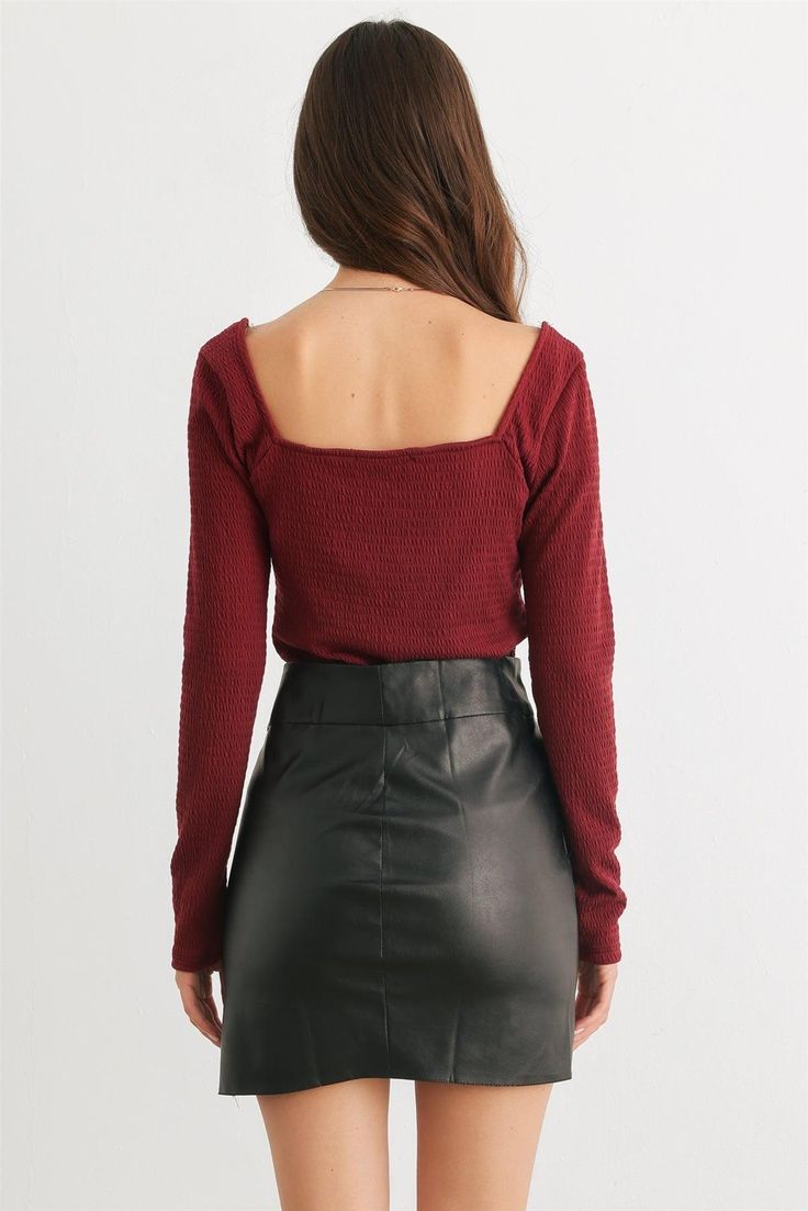 🖤 Item Features: Burgundy, smocked, square neckline, long sleeves, semi-stretchy, not see through, unlined, casual, cute, girlish, cool Chic Smocked Top With Square Neck And Elastic Sleeves, Fitted Smocked Top With Ruched Square Neck, Fitted Smocked Top With Smocked Bodice For Fall, Fall Fitted Smocked Top With Smocked Bodice, Fall Ruched Smocked Top With Square Neck, Fall Smocked Top With Ruched Detail And Square Neck, Fall Smocked Top With Square Neck, Fall Ruched Top With Square Neck, Fall Ruched Square Neck Top