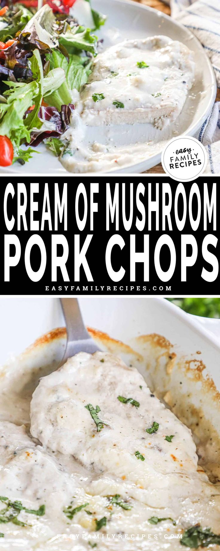 the cream of mushroom pork chops is served in a white bowl