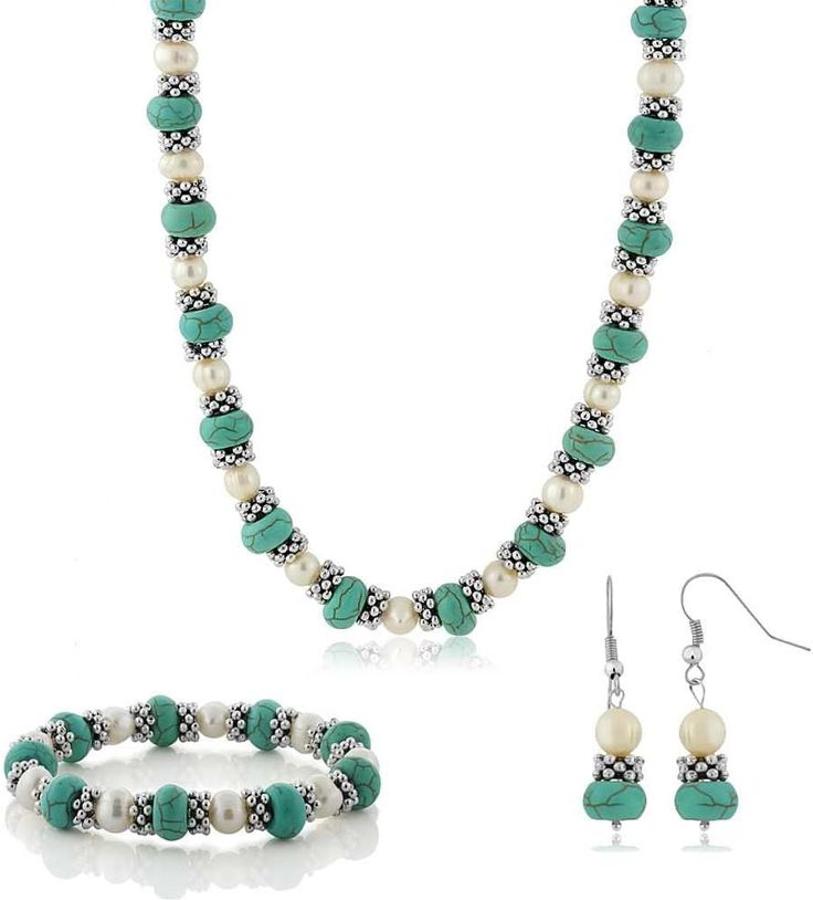 Amazon.com: Gem Stone King 18 Inch Simulated Turquoise Howlite and Cultured Freshwater Pearl and Spacers Necklace and Earrings For Women: Clothing, Shoes & Jewelry Beaded Green Jewelry Sets, Crochet Unique, Women's Jewelry Sets, Turquoise Howlite, Trendy Necklaces, Cheap Jewelry, Freshwater Cultured Pearls, Gem Stone, Fashion Jewelry Necklaces