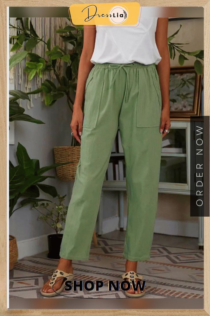 Soft and Breezy Pants Green Straight Leg Bottoms For Loungewear, Green Straight Leg Loungewear Bottoms, Casual Green Harem Pants For Summer, Spring Casual Ankle-length Harem Pants, Comfortable Tapered Leg Summer Pants, Casual Ankle-length Harem Pants For Spring, Casual Ankle-length Spring Harem Pants, Spring Relaxed Fit Bottoms With Side Pockets, Spring Bottoms With Side Pockets And Relaxed Fit