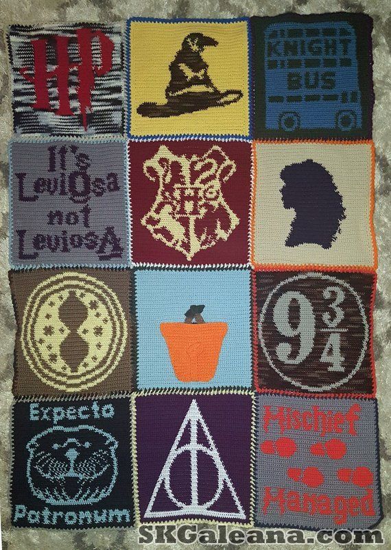 a crocheted harry potter blanket with many different symbols on the front and back