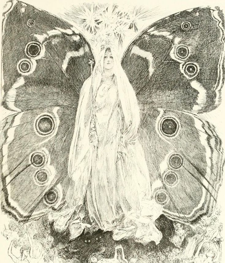 a black and white drawing of a woman surrounded by butterflies