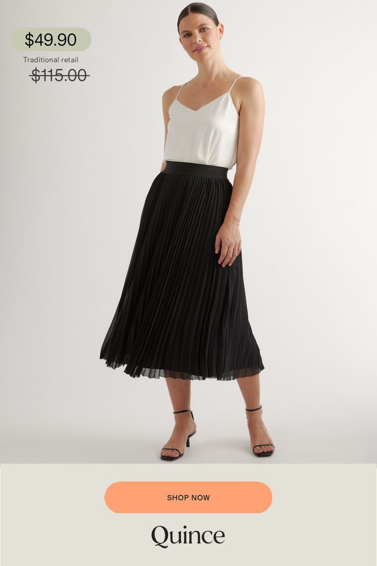 Flattering, flowy, and fully lined. Our high-rise midi skirt is lightweight and has an elastic waistband for a comfortable fit that you can wear all day. Made of low-maintenance, wrinkle-resistant fabric.  | Quince | Women's Chiffon Pleated Midi Skirt in Black, Size Small, 100% Polyester Skirt Fits, Sheer Chiffon, Chiffon Skirt, Pleated Midi Skirt, Women Skirts Midi, 40th Birthday, Quince, Low Maintenance, World Of Fashion