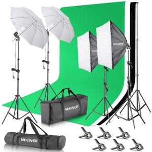 an image of photography equipment set up with umbrellas and tripod lights on white background