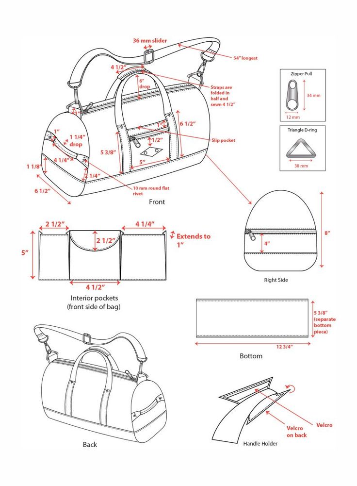 an image of a handbag with measurements and instructions for the parts to it, including its