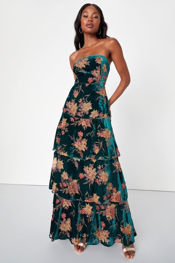 Real Allure Emerald Floral Burnout Velvet Strapless Maxi Dress Formal Wedding Guests, Winter Wedding Guests, Fall Wedding Guest, Green Velvet Dress, Fall Wedding Guest Dress, Burnout Velvet, Guest Attire, Bridal Party Dresses, Strapless Maxi