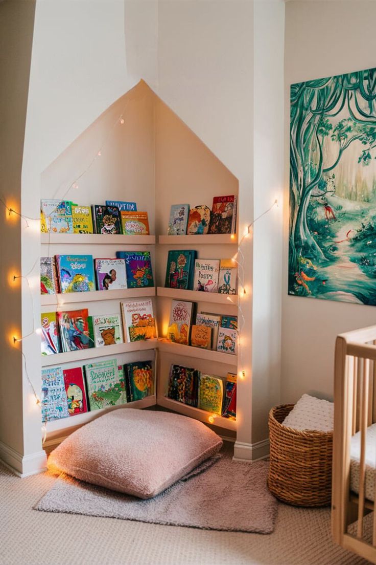 a child's room with bookshelves and lights on the wall above it