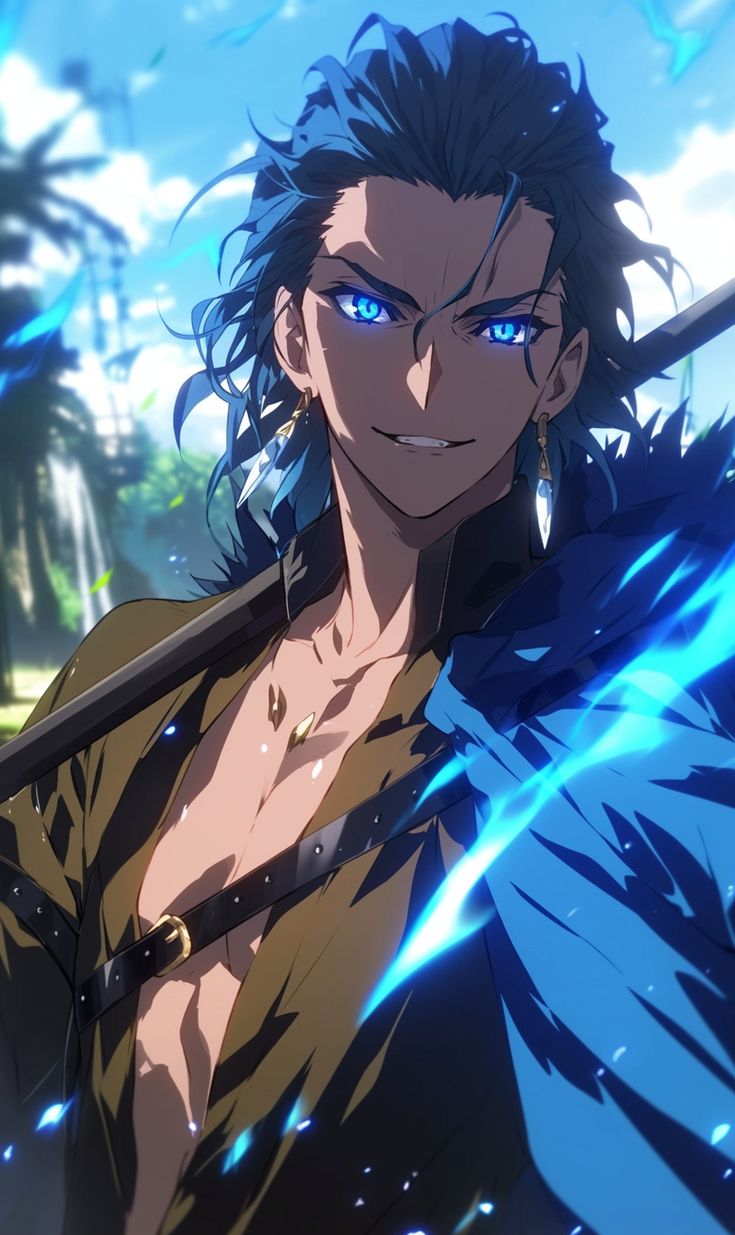 an anime character with long hair and blue eyes, standing in front of palm trees