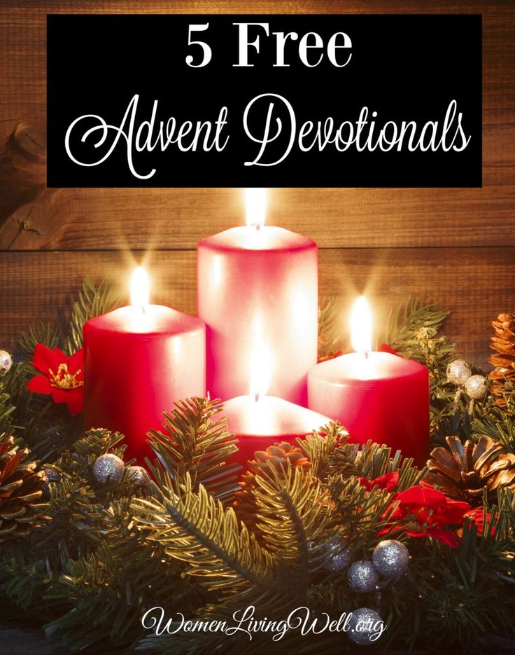 three red candles surrounded by evergreen branches and pine cones with text overlay that reads, 5 free advent decorations