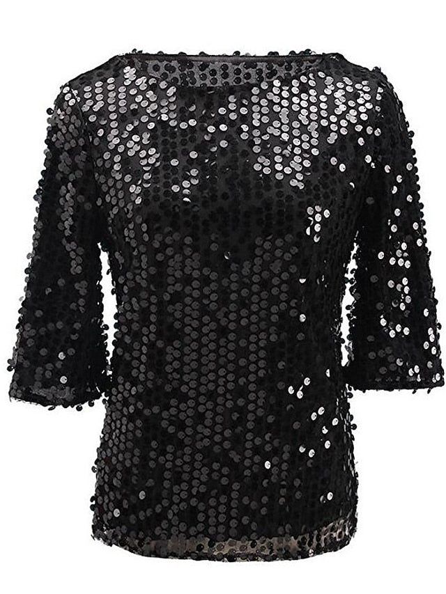 🚚FREE Shipping on orders over $80 ✨ use Code: "Mylook" for Extra Discount at checkout ﻿- 📏Sizing: run a little small 📏 Highlights - Get ready to shine on stage with our Sequin Shirt, embellished with a double-sided full layer of sparkly sequins!- Our Sparkle Tops are perfect for special occasions, with sequins adorning the entire front and back of the shirt for a dazzling effect.- Pair this Sequined T Shirt with skinny jeans, pencil pants, or jean pants and a cropped blazer for a trendy, eye-catching look.- The short-sleeved design and round neckline make this top perfect for women who want to feel comfortable and stylish at the same time. Specifications Gender: Women's, Style: Rock, Occasion: Party, Tops Type: T shirt Tee, Neckline: Round Neck, Fabric: Polyester, Details: Without Linin Long Sleeve T-shirt For Fall Party, Long Sleeve T-shirt For Spring Party, Holiday Party T-shirt With Short Sleeves, Fitted T-shirt For Party In Spring, Fitted Disco Top For Holidays, Disco Style Tops For Winter Night Out, Disco Style Top For Winter Night Out, Fitted Crew Neck Blouse For Party, Disco Style Top For Night Out In Winter