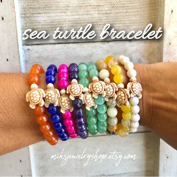 Handmade Sea turtle beaded gemstone stretch bracelet 8mm Bead Bracelet For Beach, Colorful Beaded Bracelets For Gifts - Beachy Style, Ocean-inspired Adjustable Jewelry With Colorful Beads, Beachy Beaded Bracelets As Gift, Beachy Beaded Bracelets For Gifts, Casual Beach Jewelry With 8mm Beads, Spiritual Stackable Beach Jewelry, Spiritual Stackable Jewelry For The Beach, Ocean-inspired Bracelets With Colorful Beads For Gifts